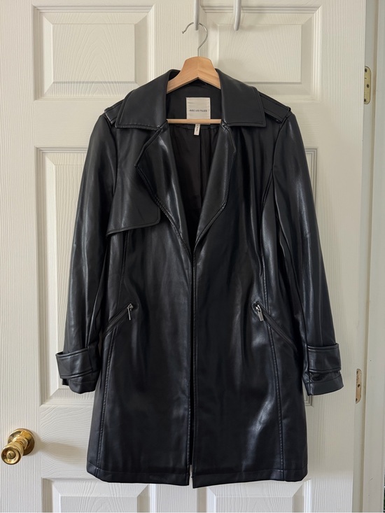 Avec Les Filles Jackets & Blazers - Black Faux Leather Trench Coat with Zip Pockets